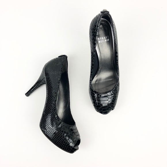 Stuart Weitzman Plainfield Snake-Embossed Peep-Toe Pump - Picture 1 of 16
